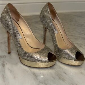 Jimmy Choo Glittering Silver Peep-Toe Heels